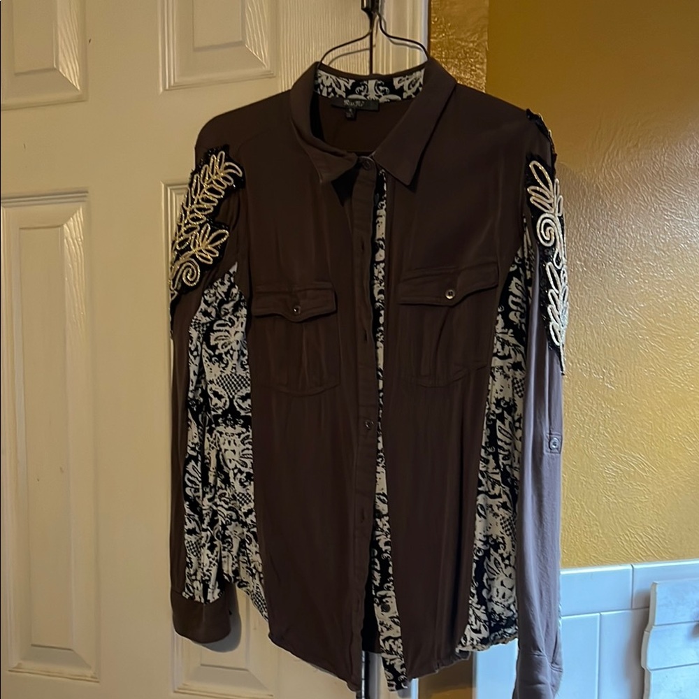 Brown and Black Floral Embroidered shirt. Pit to pit 17”. Size M